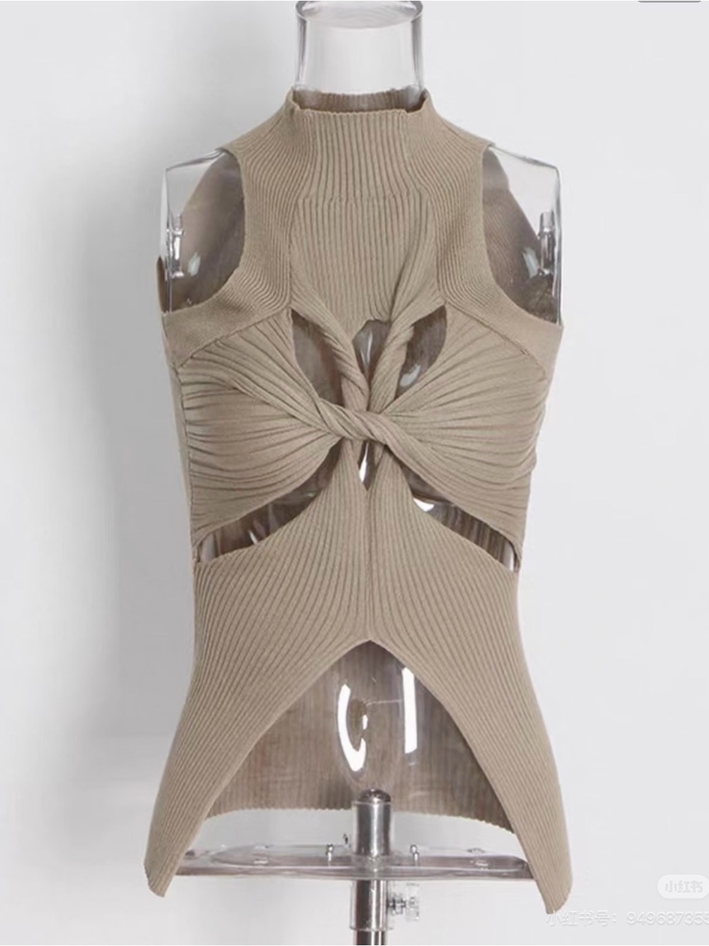 Knot-Front Ribbed Sleeveless Top - Beige